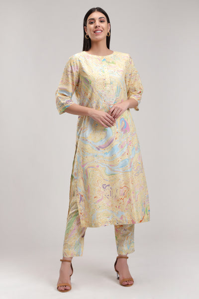 The Yellow Inde Marble Tunic Set, This marbled kurta is a classic, 100% Silk Hand Embroidery, BeTrue, Be True