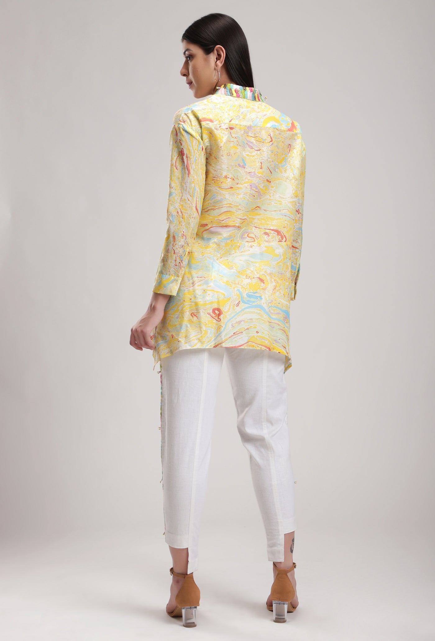 Yellow Alaska Marble Asymmetric Tunic, Asymmetrical Handcrafted marble print on pure silk, BeTrue, Be True