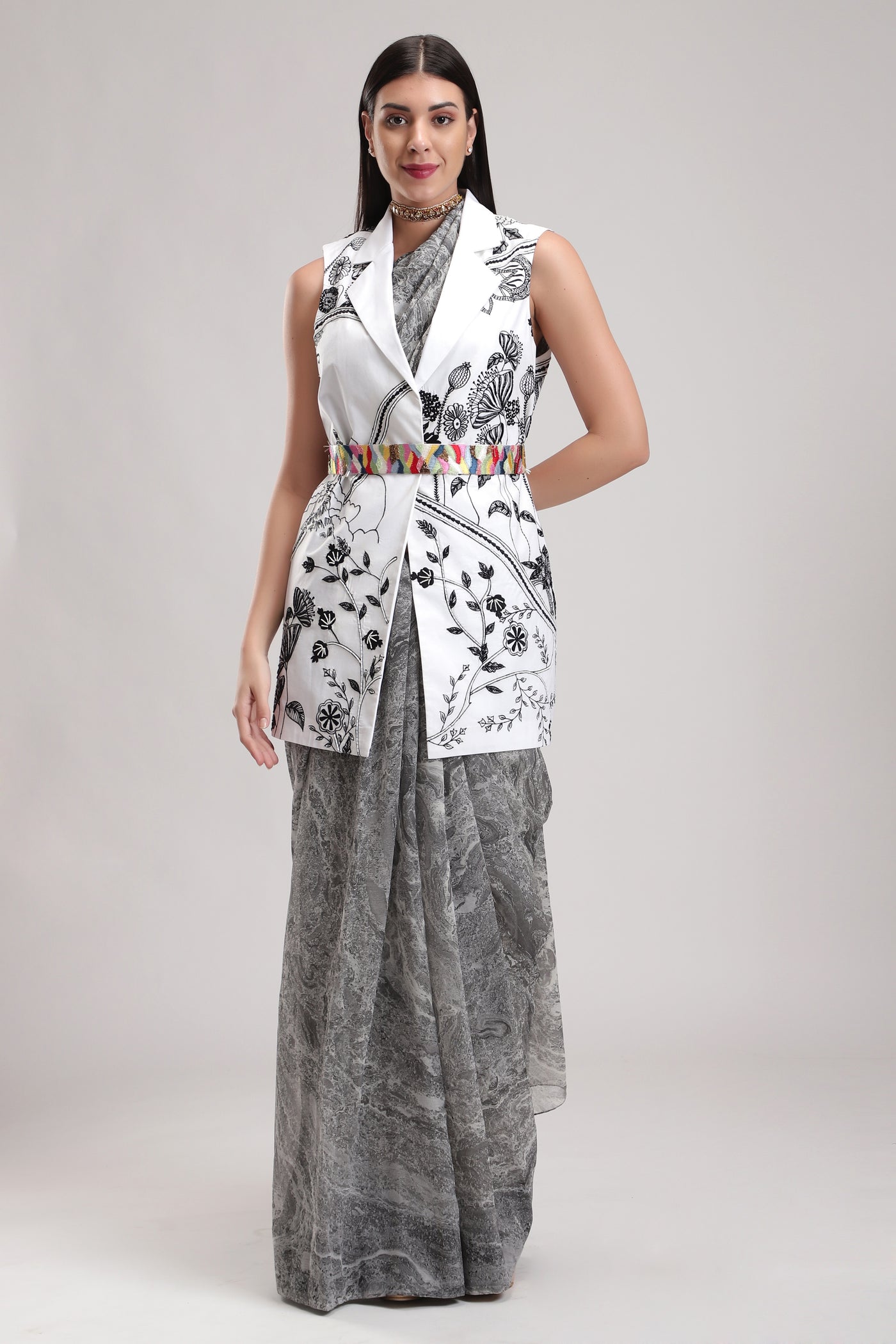 Grey Chiffon Saree, 100 percent silk chiffon, Marble fabric is hand crafted, BeTrue, Be True