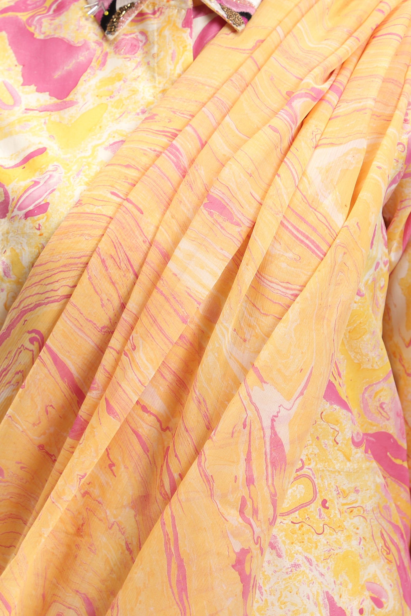 Peach Chiffon Saree, beautiful peach and pink chiffon silk, Marble fabric is hand crafted, BeTrue, Be True