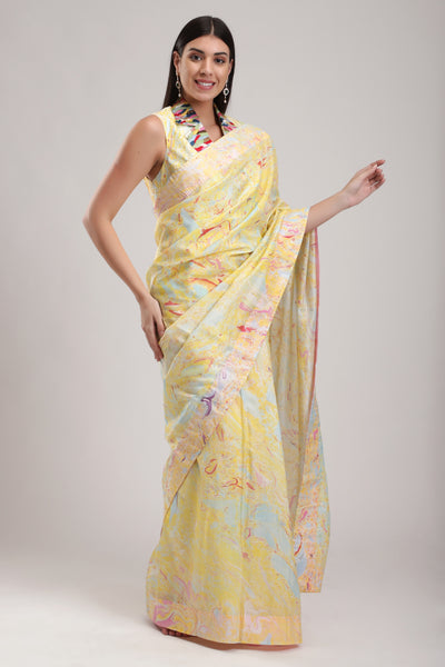 Yellow Silk Marbled Saree, Such pretty colours and patterns with the magic of marble dyeing technique., silk organza dupatta for a festive touch, BeTrue, Be True