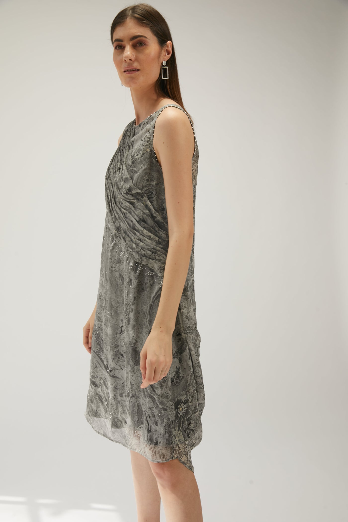 Night Sky Drape Dress, beautiful chiffon silk fabric is handcrafted with marble technique, Delicate bead embroidery, BeTrue, Be True