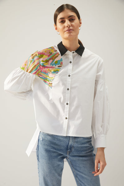 The Matisse Summer Shirt, white cotton shirt is hand embroidered with beautiful colours, BeTrue, Be True