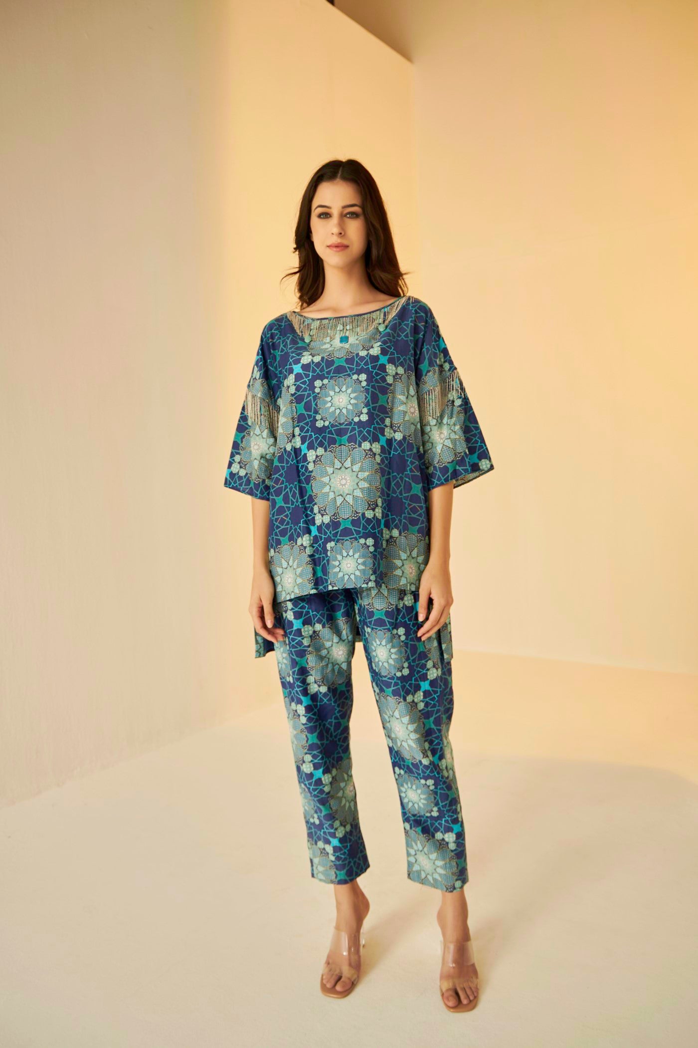 Blue- Boat Neck Tashkent Printed Top And Pants Set, BeTrue, Be True