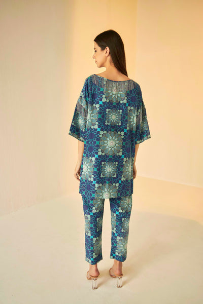 Blue- Boat Neck Tashkent Printed Top And Pants Set, BeTrue, Be True