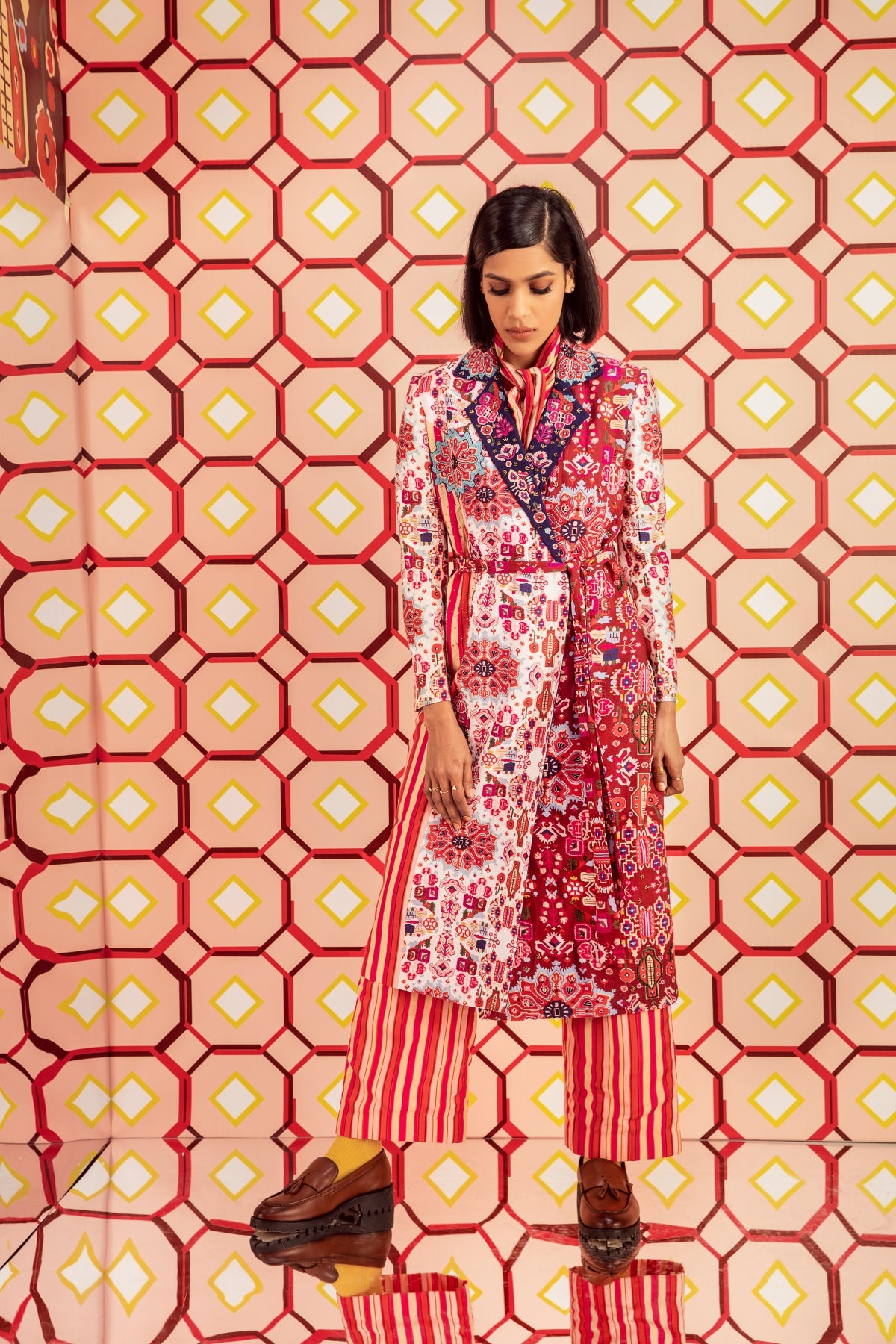 Mix Print Hand Embroidered Long Trench in Handloom Organic Cotton and Banana Silk, BeTrue, Be True