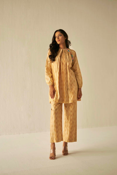 Beige-Raglan Sleeve Embroidered Shibori Shirt And Pants Set, BeTrue, Be True