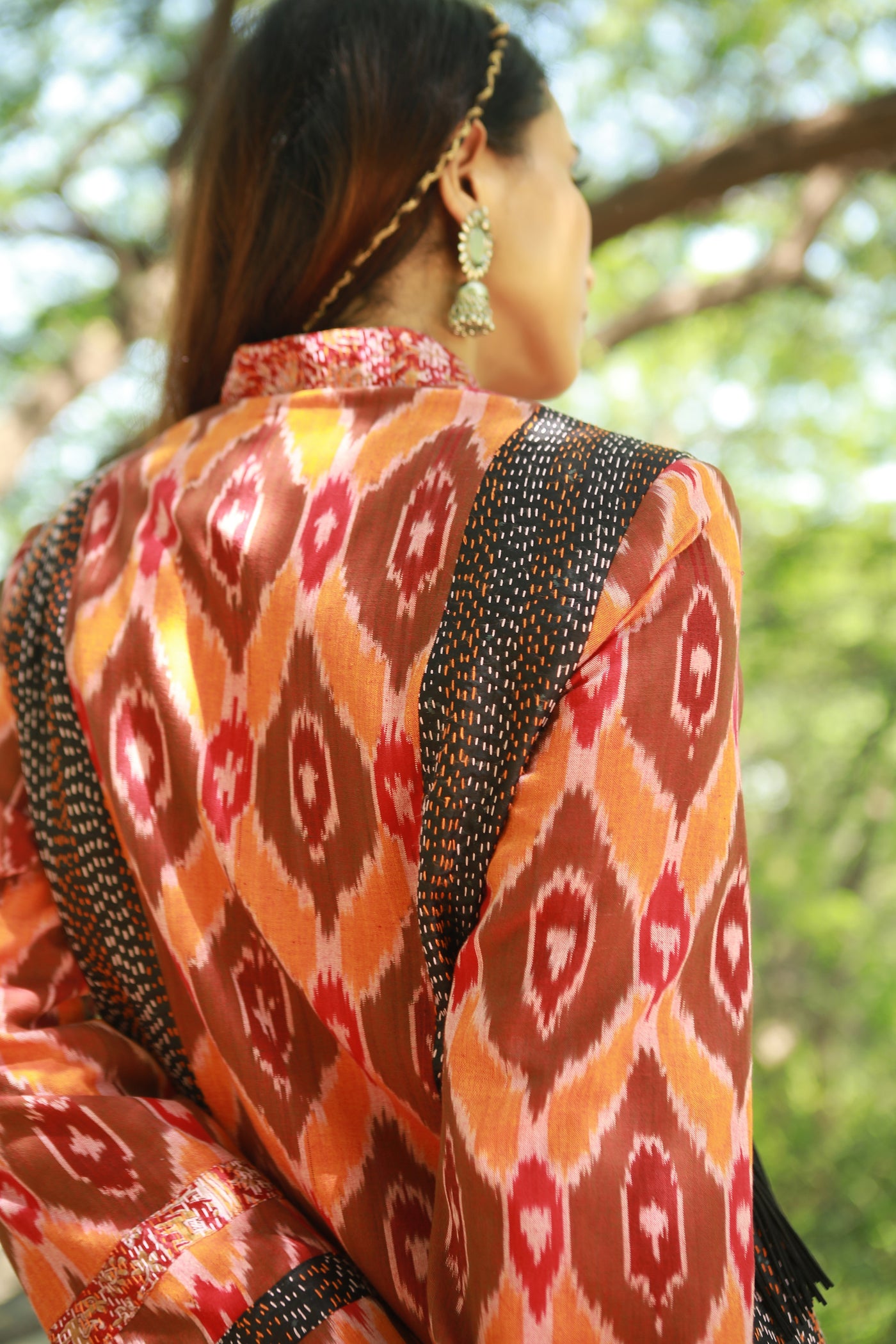 Shakti, Ikat cotton and kantha maroon orange jacket with embroidery and fringe detail matched with black palazzo pants, BeTrue, Be True