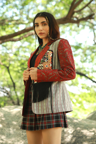 Raasta, Red and Black kantha and silk jacket with tennis skirt in checks and black cotton bralet inside, BeTrue, Be True