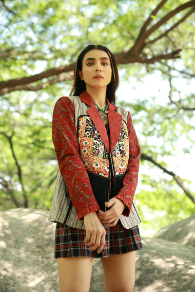 Raasta, Red and Black kantha and silk jacket with tennis skirt in checks and black cotton bralet inside, BeTrue, Be True