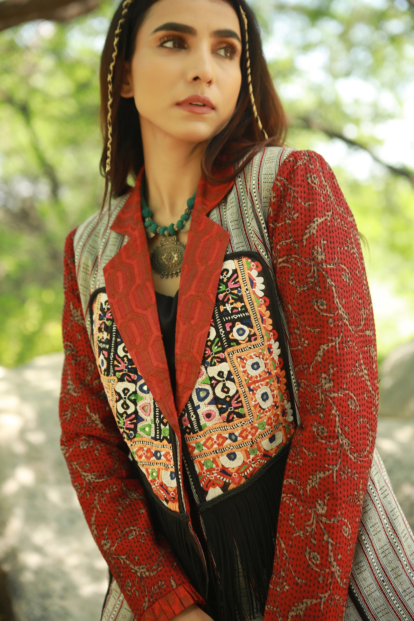 Raasta, Red and Black kantha and silk jacket with tennis skirt in checks and black cotton bralet inside, BeTrue, Be True