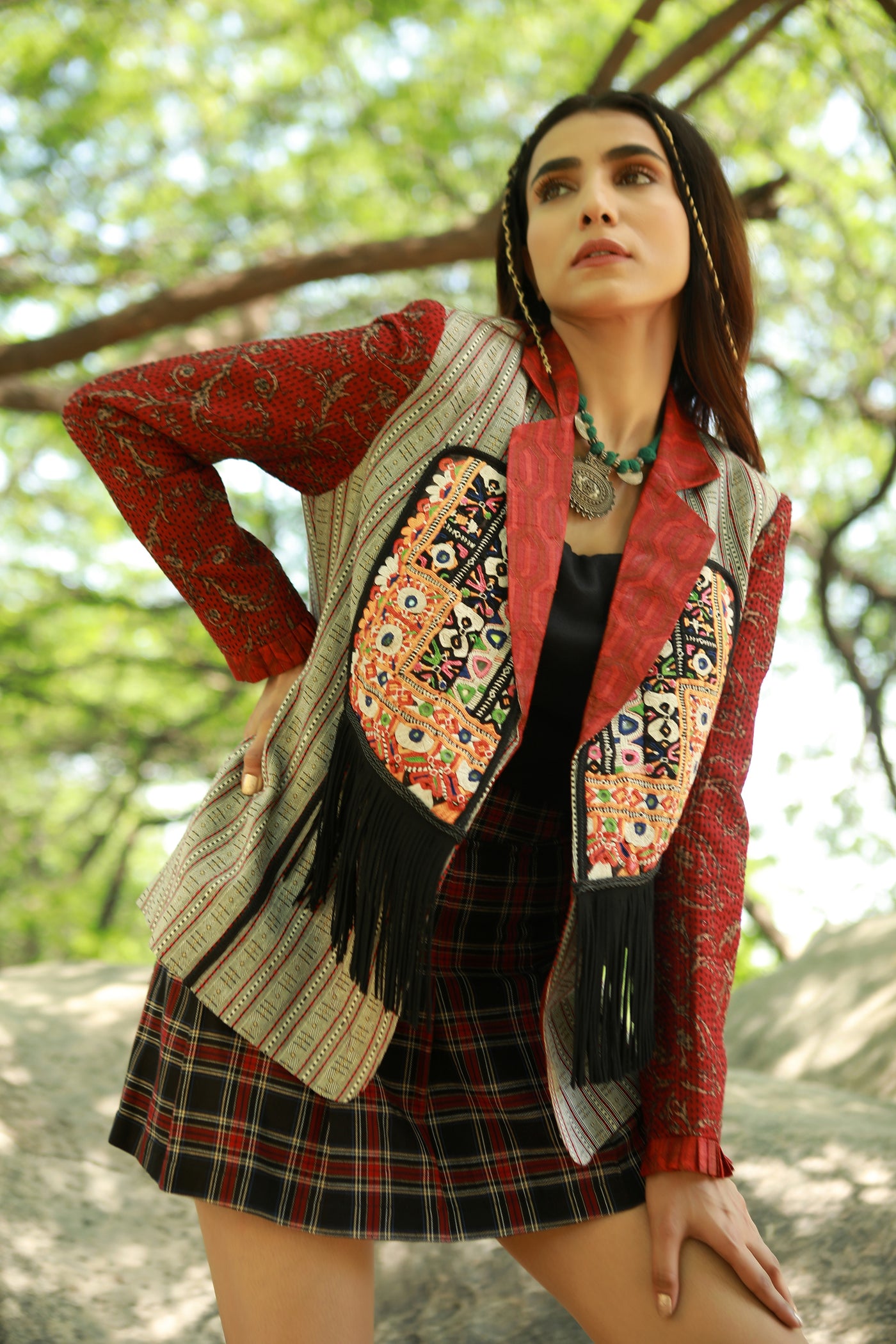 Raasta, Red and Black kantha and silk jacket with tennis skirt in checks and black cotton bralet inside, BeTrue, Be True