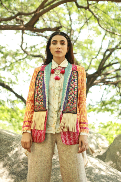 Sarhad, Yellow Ikat and kantha multicolour sunshine jacket with hand printed batik shirt and silk cotton textured pants, BeTrue, Be True