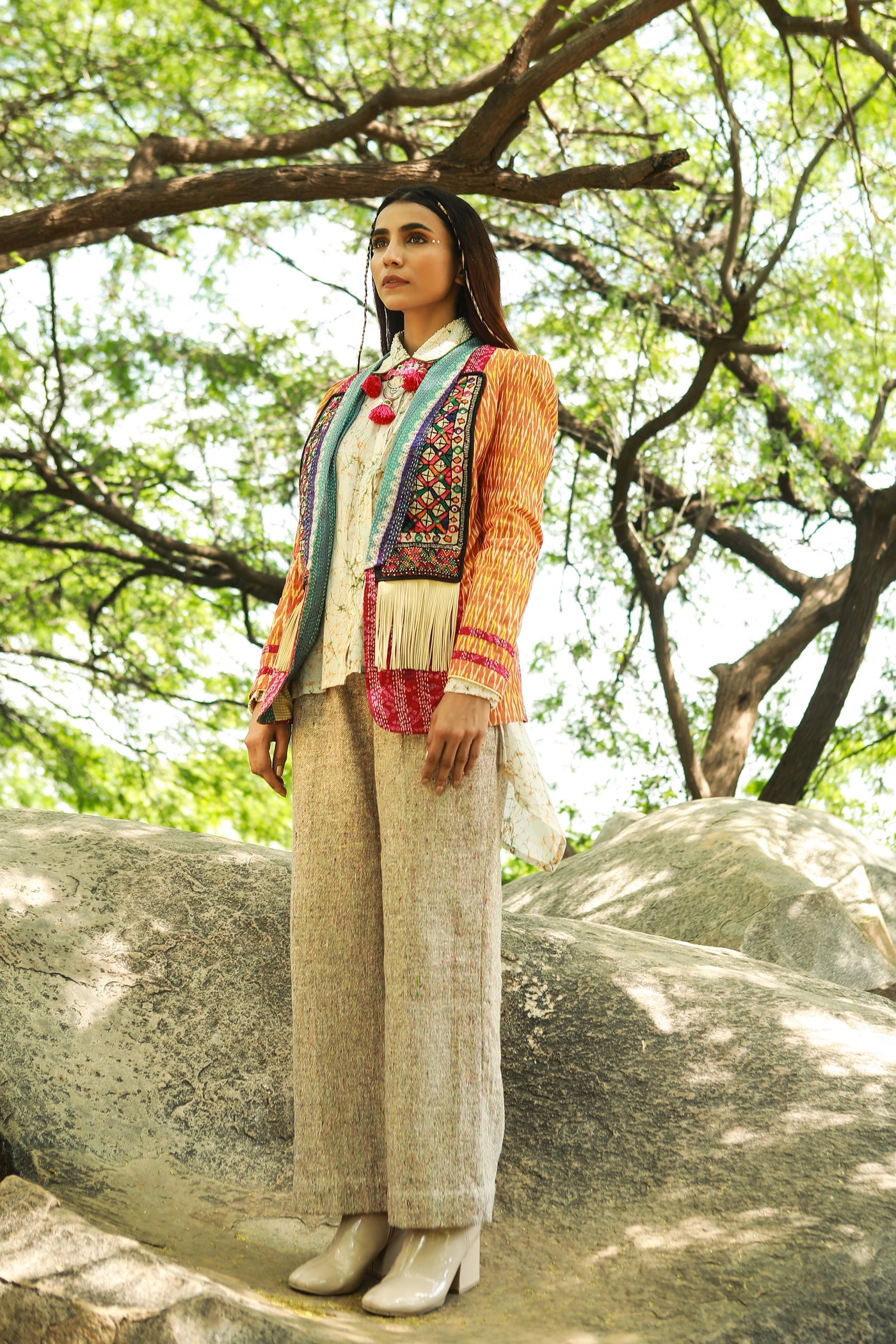 Sarhad, Yellow Ikat and kantha multicolour sunshine jacket with hand printed batik shirt and silk cotton textured pants, BeTrue, Be True