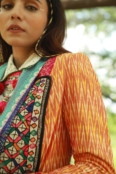 Sarhad, Yellow Ikat and kantha multicolour sunshine jacket with hand printed batik shirt and silk cotton textured pants, BeTrue, Be True