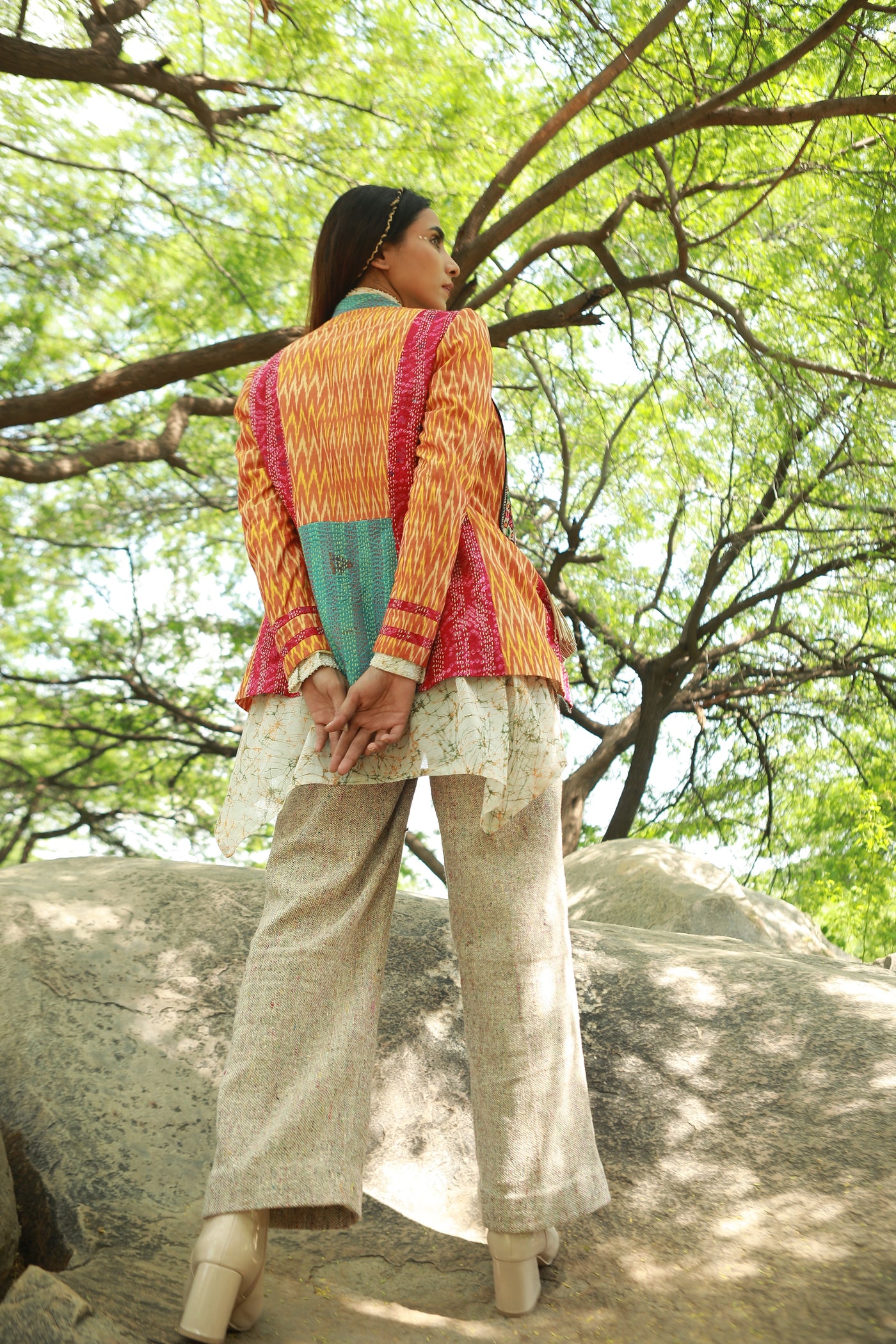 Sarhad, Yellow Ikat and kantha multicolour sunshine jacket with hand printed batik shirt and silk cotton textured pants, BeTrue, Be True