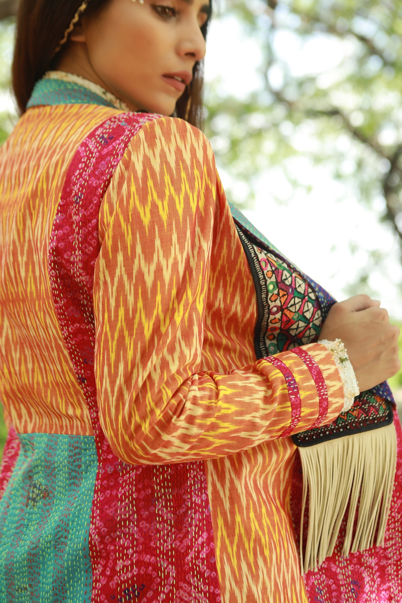 Sarhad, Yellow Ikat and kantha multicolour sunshine jacket with hand printed batik shirt and silk cotton textured pants, BeTrue, Be True