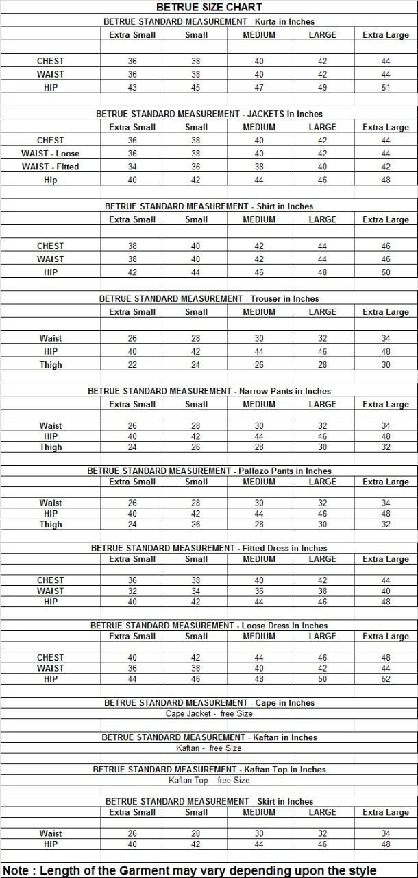 BeTrue Size Chart