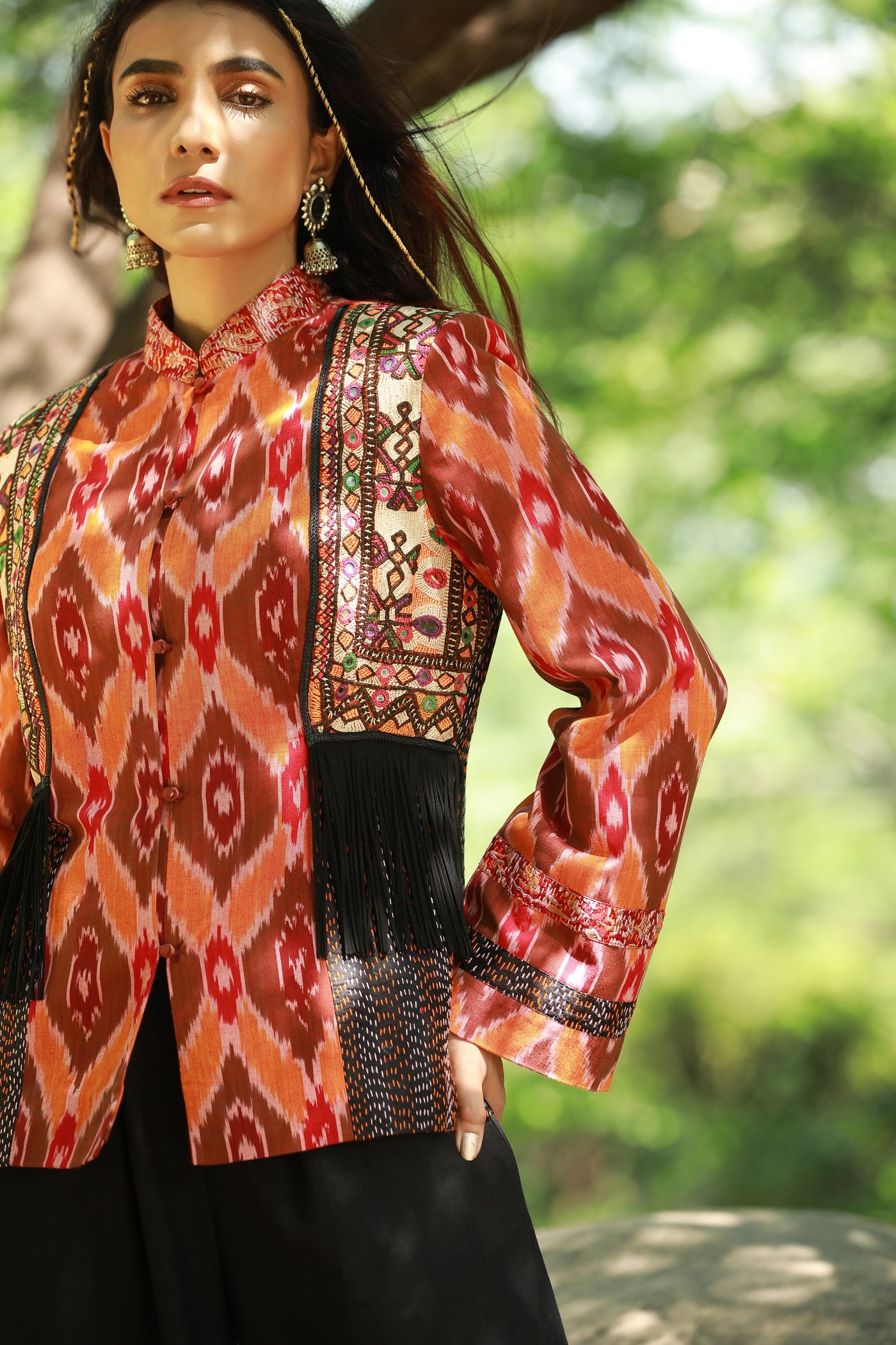 Shakti, Ikat cotton and kantha maroon orange jacket with embroidery and fringe detail matched with black palazzo pants, BeTrue, Be True