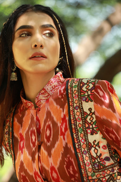 Shakti, Ikat cotton and kantha maroon orange jacket with embroidery and fringe detail matched with black palazzo pants, BeTrue, Be True