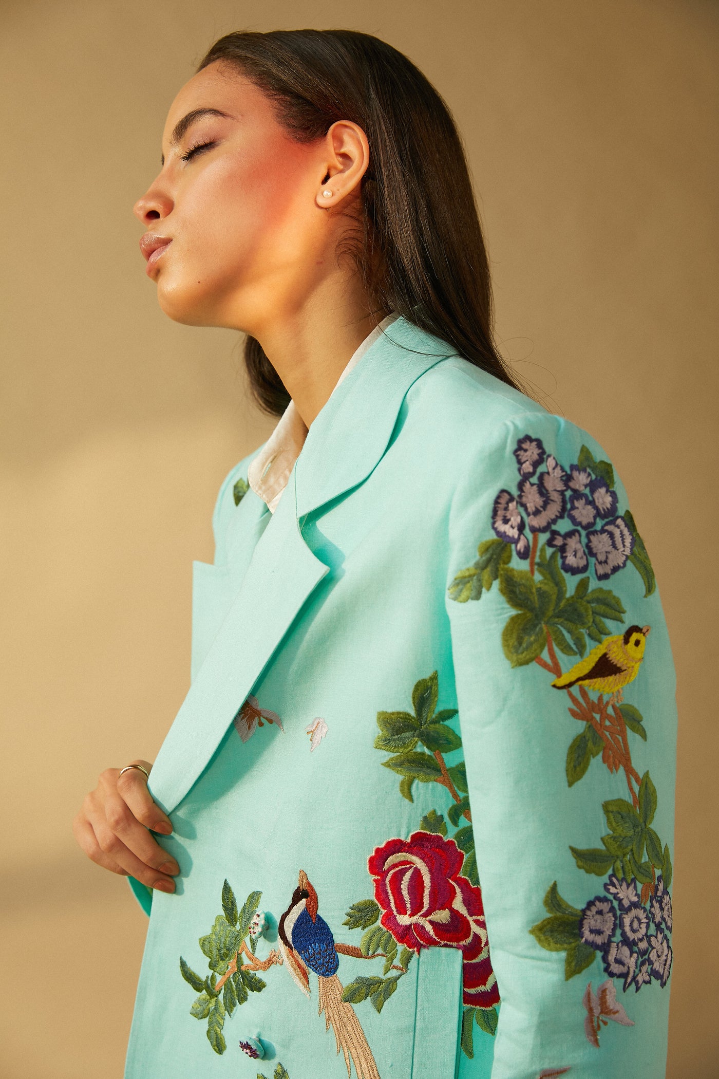 Aqua Box Jacket With Oriental Embroidery