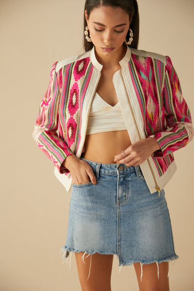 Embroidered Ikat Bomber jacket, cotton acrylic fabric, Cotton Acrylic, Hand Embroidery, BeTrue, Be True