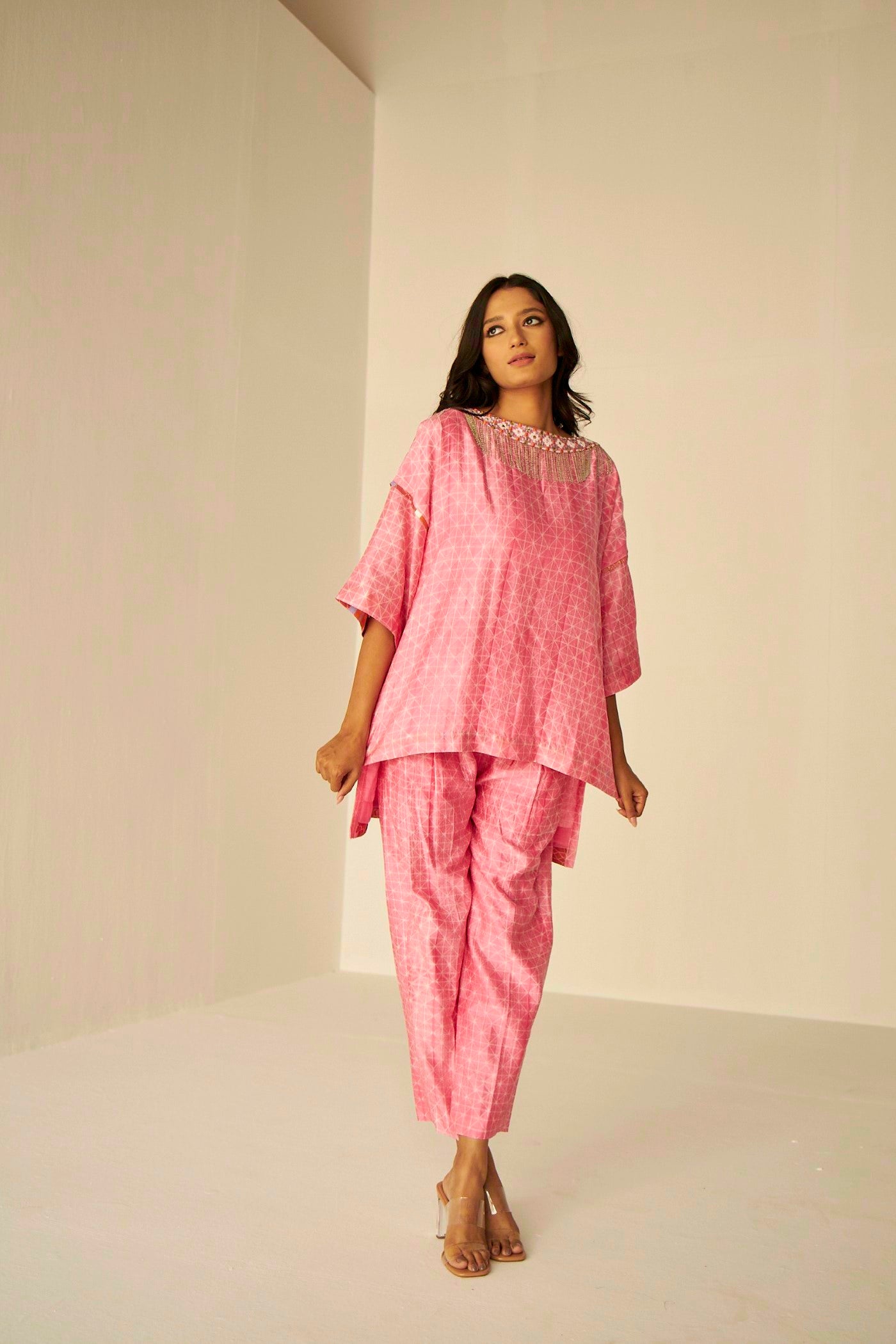 Pink-Samarkand Boat Neck Embroidered Shibori Top And Pants Set, Handmade silk chanderi with Shibori dyeing, neat Resham and mirror embroidery, BeTrue, Be True