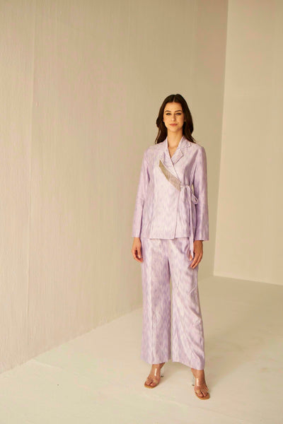 Lilac- Wrap Jacket And Pants Set In Shibori, exclsive in house created print inspired by the architecture of Uzbekistan, BeTrue, Be True