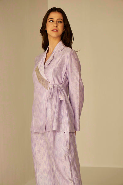 Lilac- Wrap Jacket And Pants Set In Shibori, exclsive in house created print inspired by the architecture of Uzbekistan, BeTrue, Be True