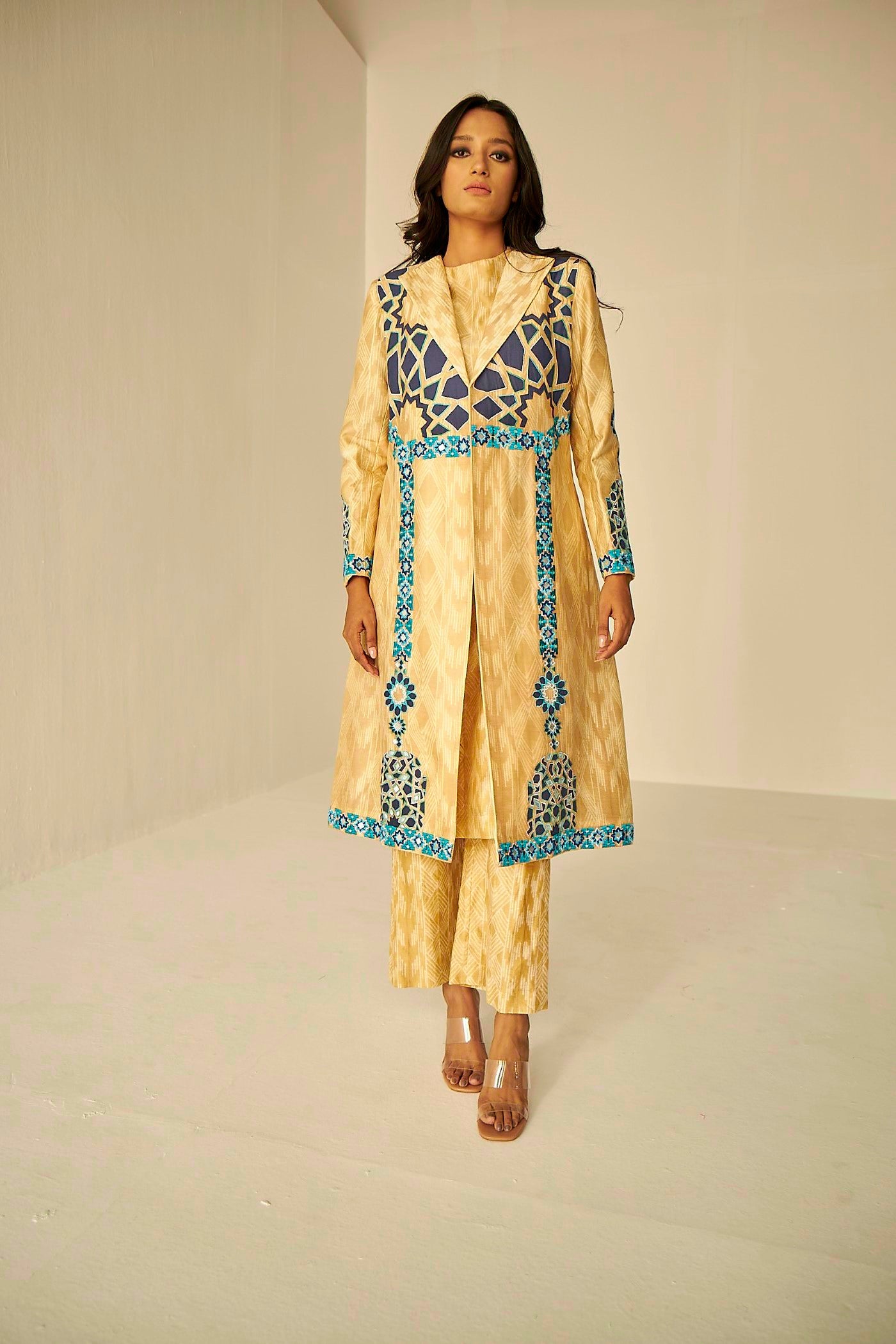 Beige Gold- The Window Trench, Kurta And Pant Set, hand tie and dyed Shibori straight kurta and pant set., BeTrue, Be True