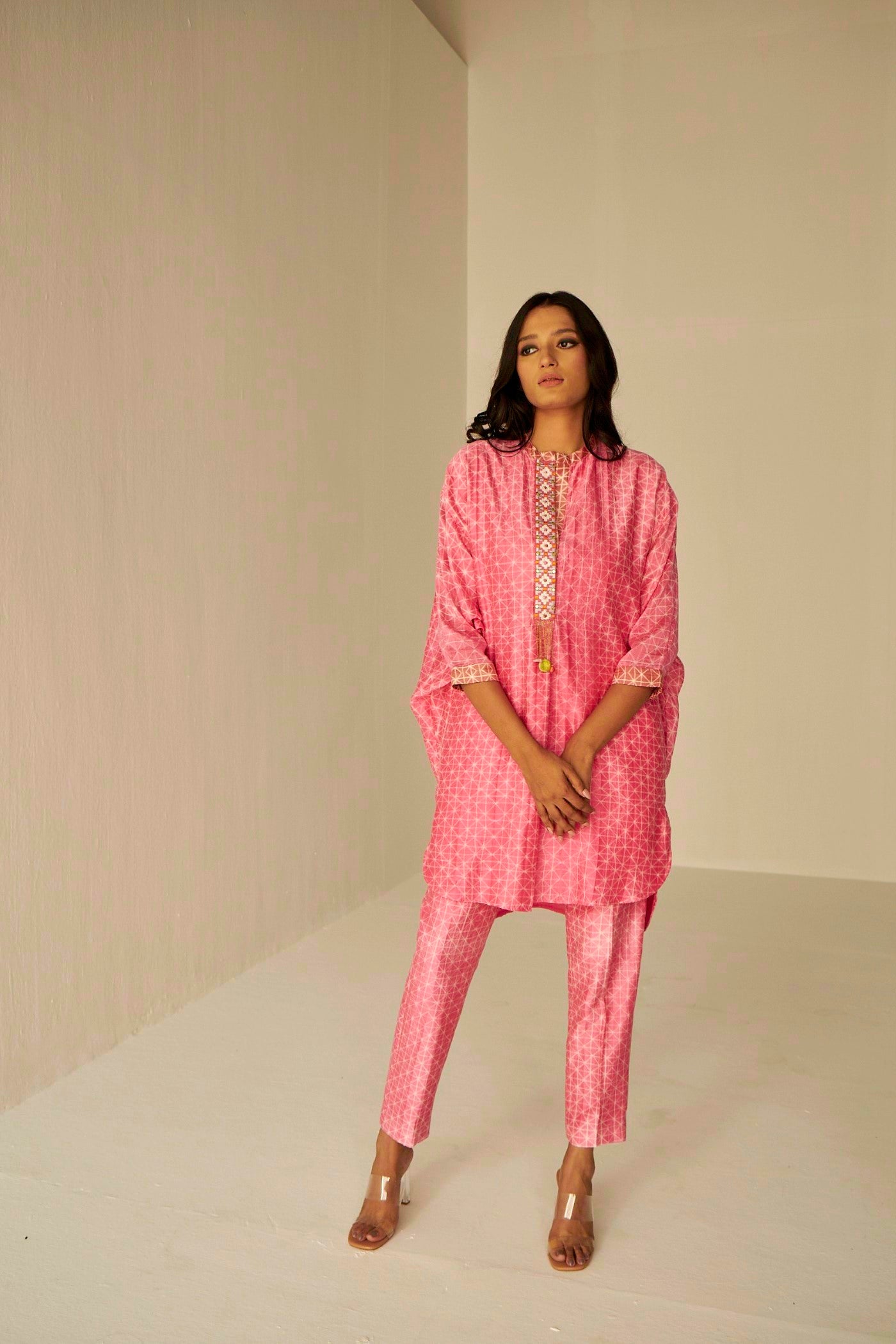 Pink-Bat Sleeves Embroidered Shibori Shirt And Pant Set, BeTrue, Be True