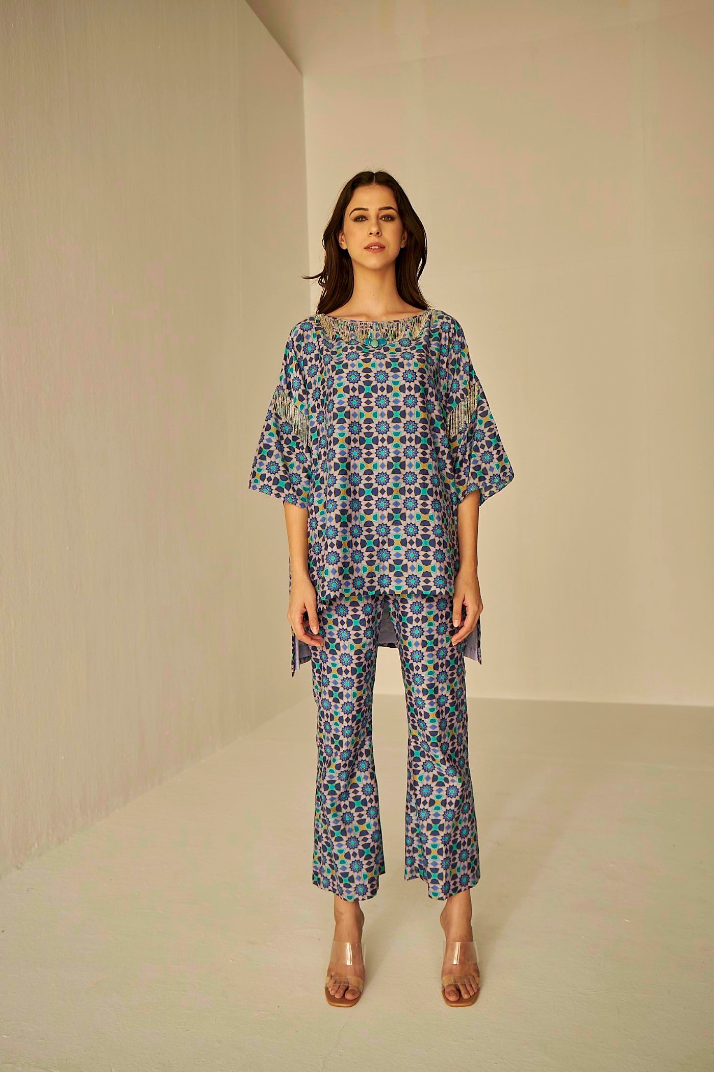 Lilac- Boat Neck Kokand Printed Top And Pants Set, BeTrue, Be True