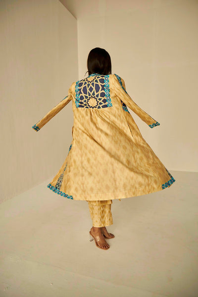 Beige Gold- The Window Trench, Appliqué embroidery and Resham work with mirror depicts the play of light from the windows, BeTrue, Be True