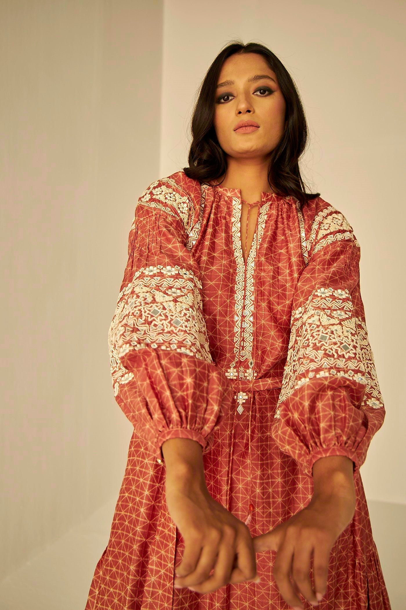 Rust- Embroidered Tapestry Dress, A-line midi dress in unique hand crafted Shibori design, Resham and mirror embroidery, BeTrue, Be True