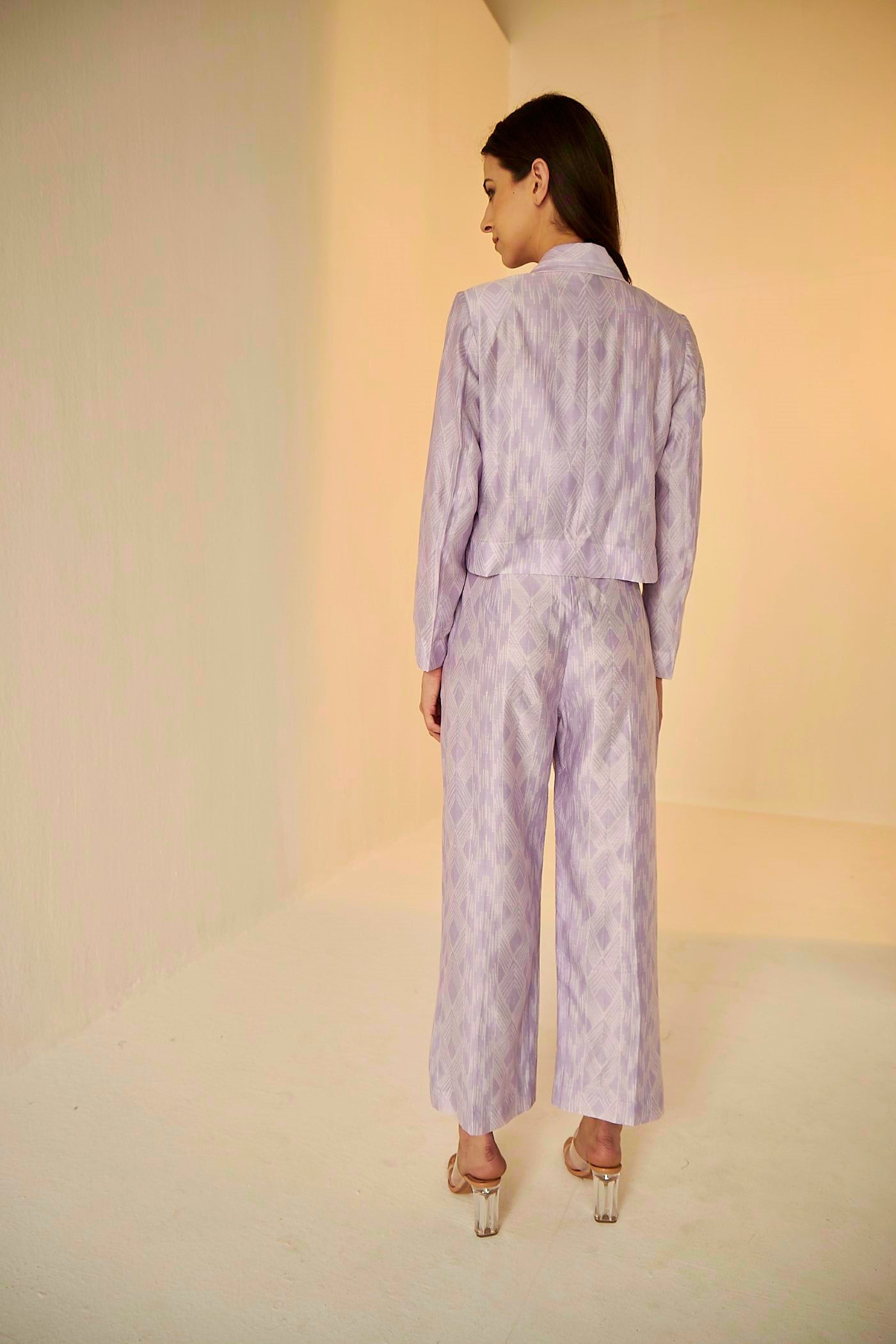 Lilac- Wrap Jacket And Pants Set In Shibori, exclsive in house created print inspired by the architecture of Uzbekistan, BeTrue, Be True