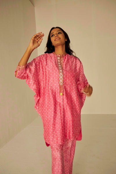 Pink-Bat Sleeves Embroidered Shibori Shirt And Pant Set, BeTrue, Be True