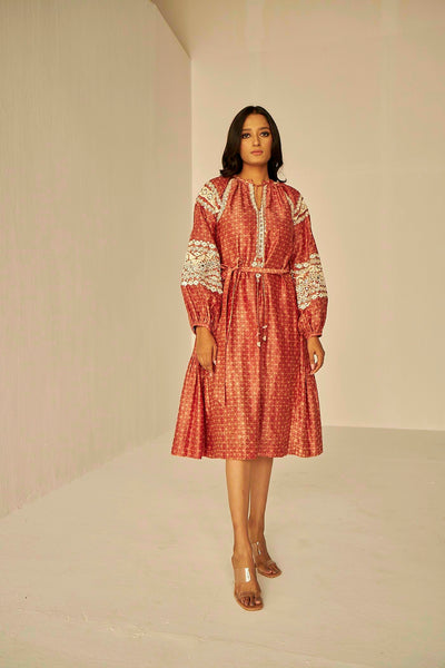 Rust- Embroidered Tapestry Dress, A-line midi dress in unique hand crafted Shibori design, Resham and mirror embroidery, BeTrue, Be True