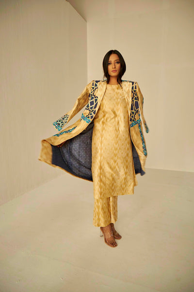 Beige Gold- The Window Trench, Appliqué embroidery and Resham work with mirror depicts the play of light from the windows, BeTrue, Be True