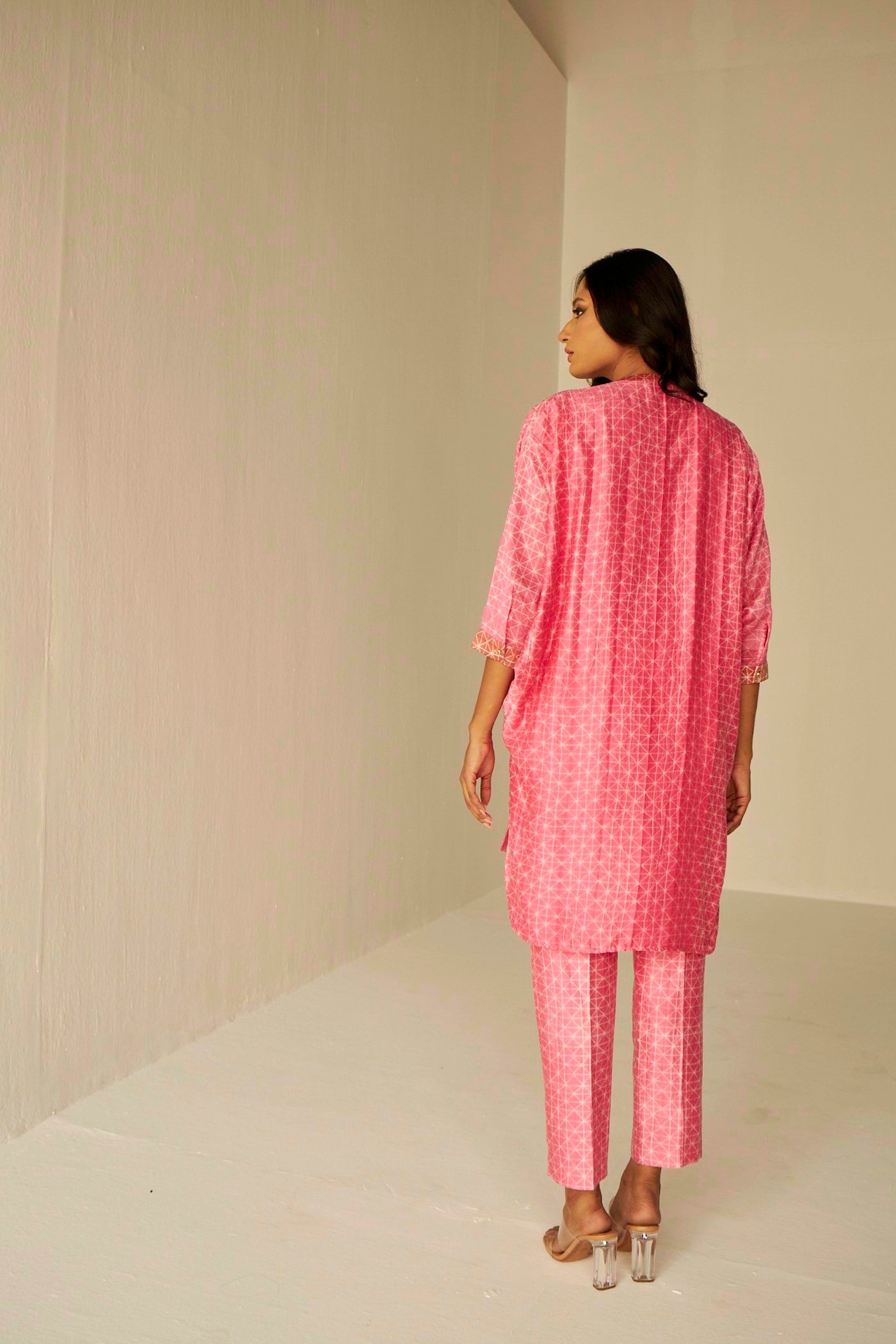 Pink-Bat Sleeves Embroidered Shibori Shirt And Pant Set, BeTrue, Be True