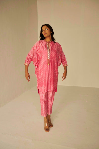 Pink-Bat Sleeves Embroidered Shibori Shirt And Pant Set, BeTrue, Be True