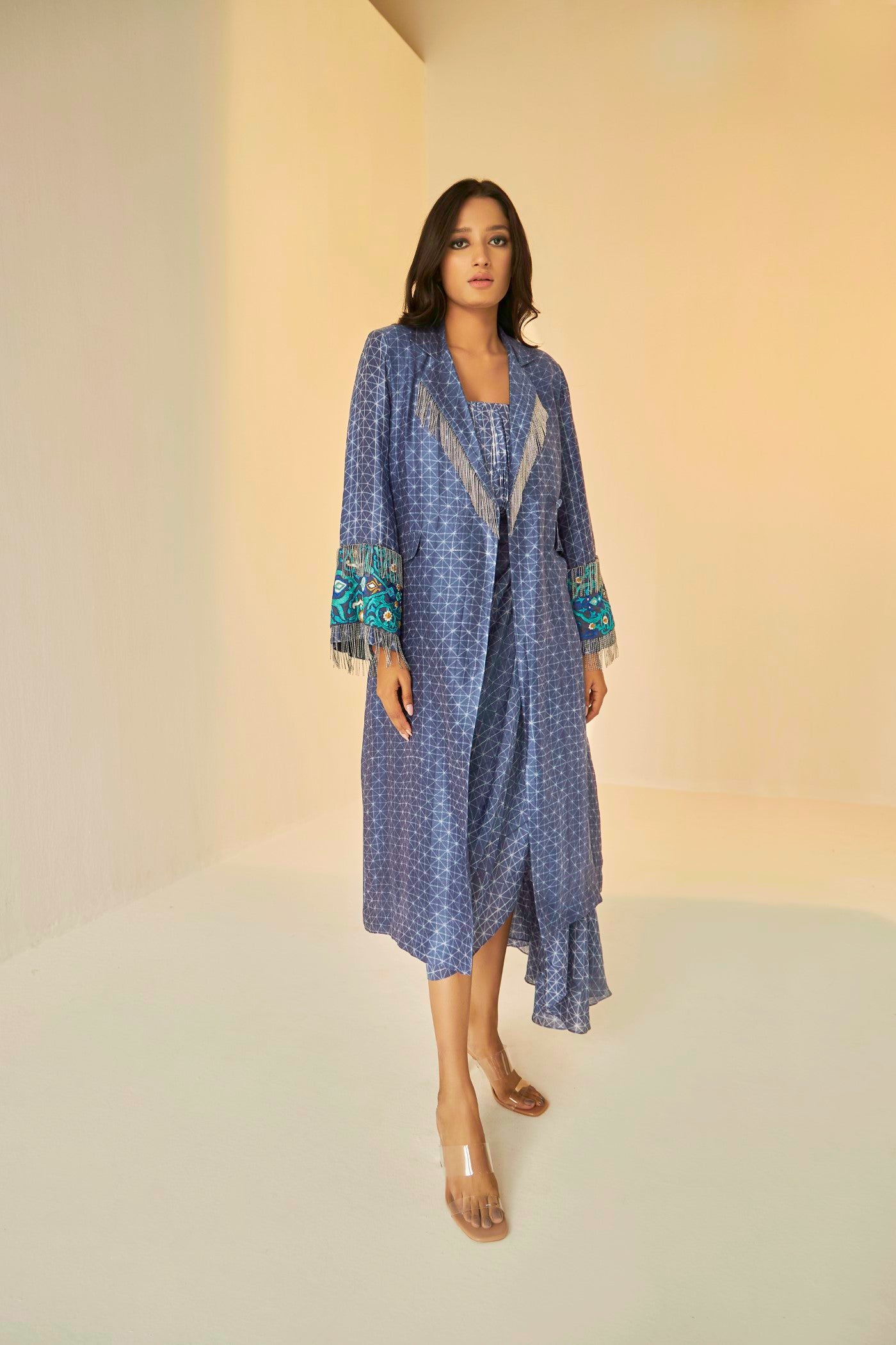 Blue-The Rehmat Trench, jacket with its beautiful chain detail in the front and embroidery, BeTrue, Be True