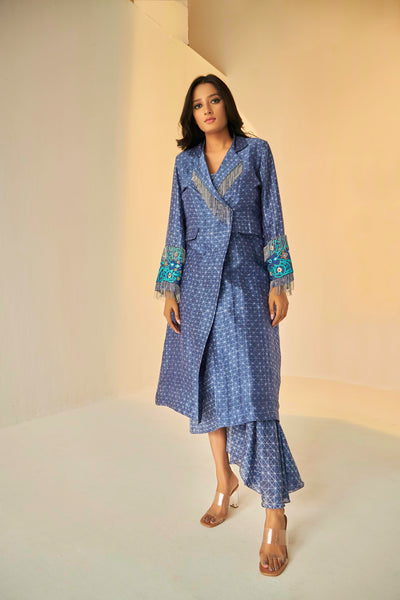 Blue-The Rehmat Trench, jacket with its beautiful chain detail in the front and embroidery, BeTrue, Be True