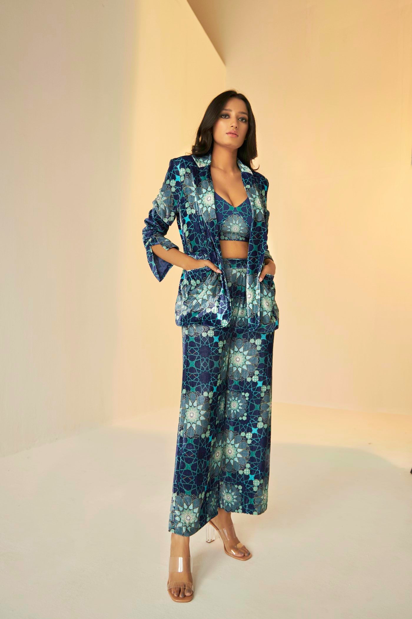 Blue Tashkent print bustier and pants set, BeTrue, Be True