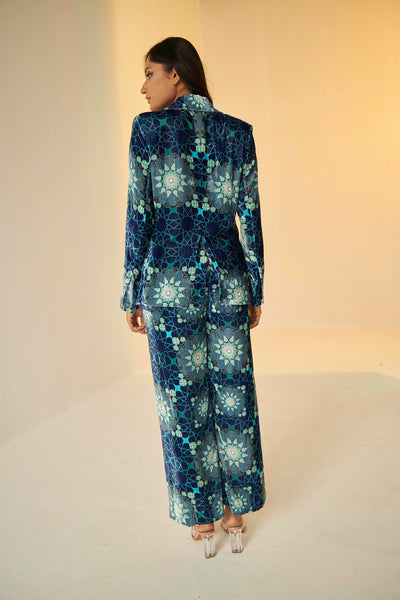 Blue- Tashkent Velvet Jacket And Pants Set With Bustier And Net Top, BeTrue, Be True