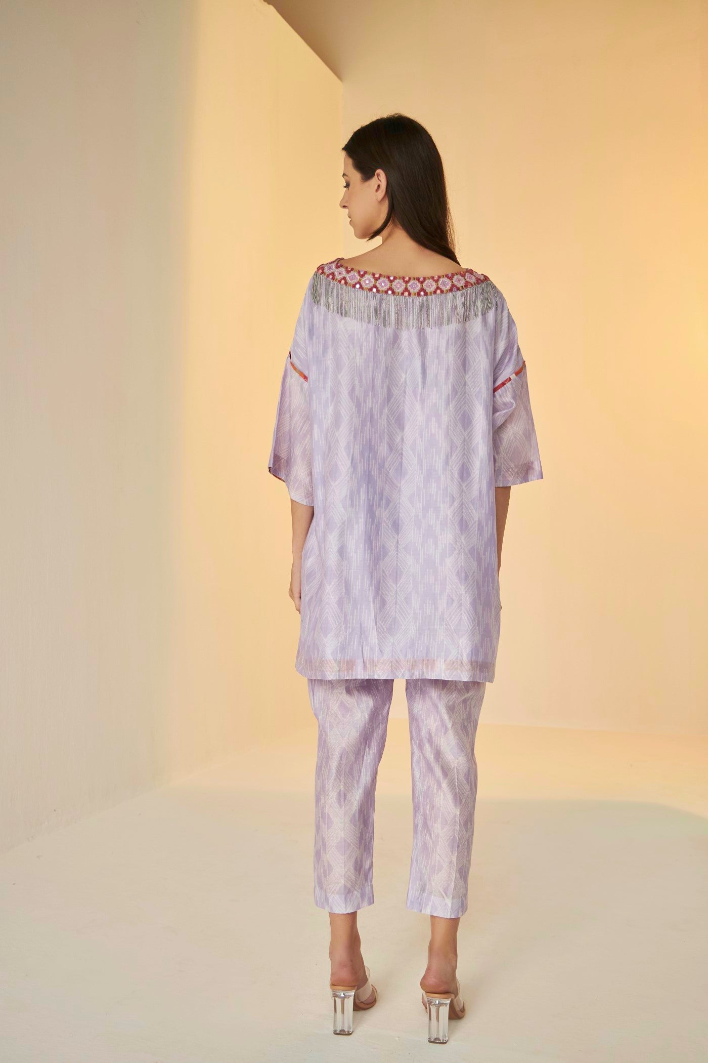 Lilac- Samarkand Boat Neck Embroidered Shibori Top And Pants Set, Handmade silk chanderi with Shibori dyeing, neat Resham and mirror embroidery, BeTrue, Be True