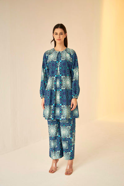 Blue- Raglan Sleeve Tashkent Print Shirt And Pants Set, BeTrue, Be True