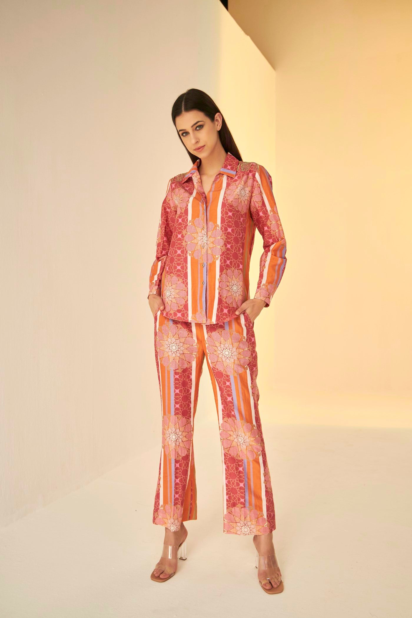 Rust- Bliss Bukhara Print Shirt And Pant Set, exclsive in house created print inspired by the architecture of Uzbekistan, BeTrue, Be True