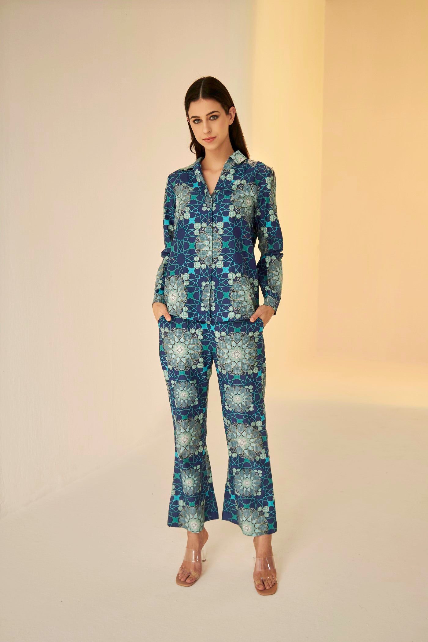 Blue- Bliss Tashkent Print Shirt And Pant Set, exclsive in house created print inspired by the architecture of Uzbekistan, BeTrue, Be True