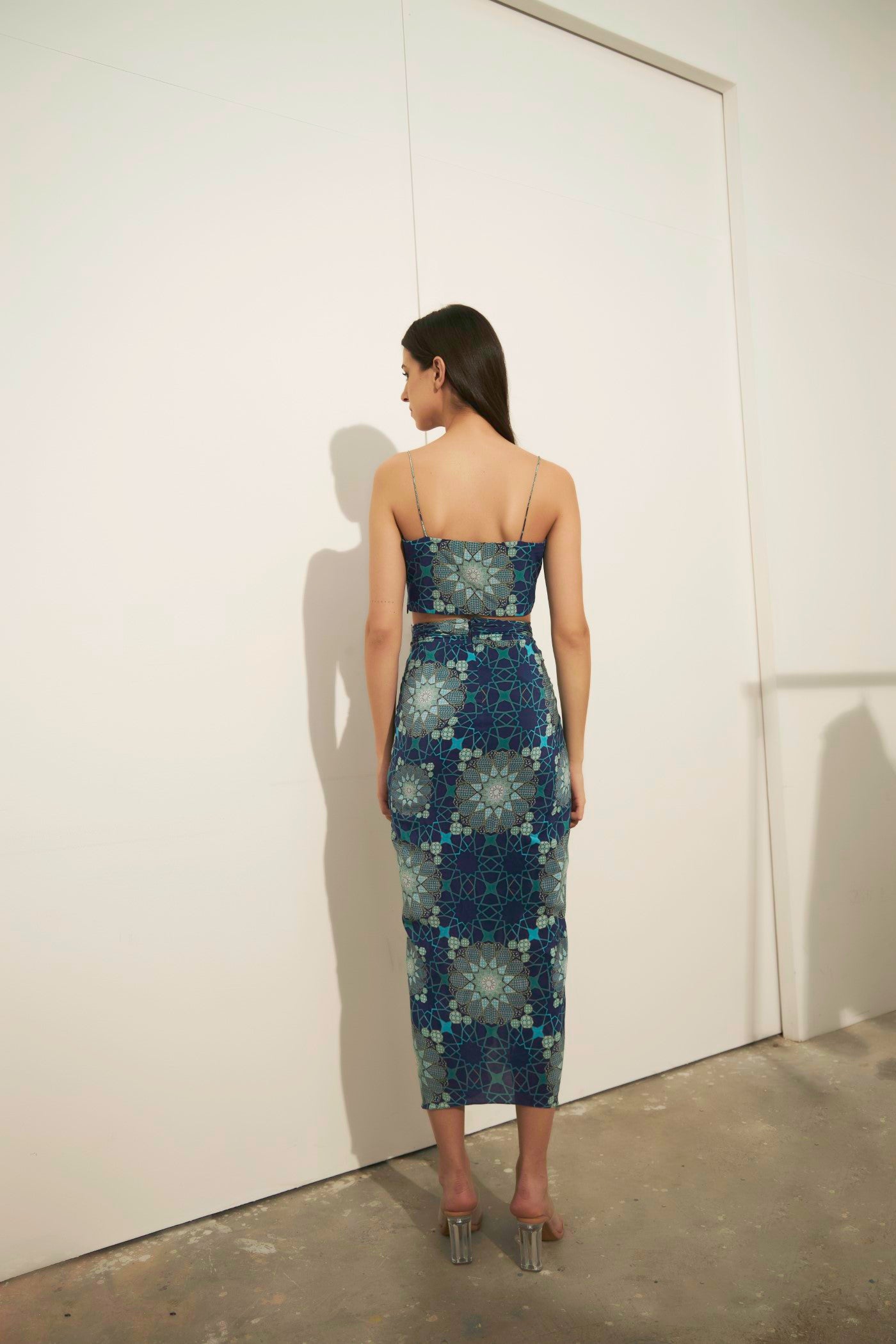 Tashkent Print Knotted Skirt And Bustier Set, Shawl Collar Blue Jacket Shibori, BeTrue, Be True