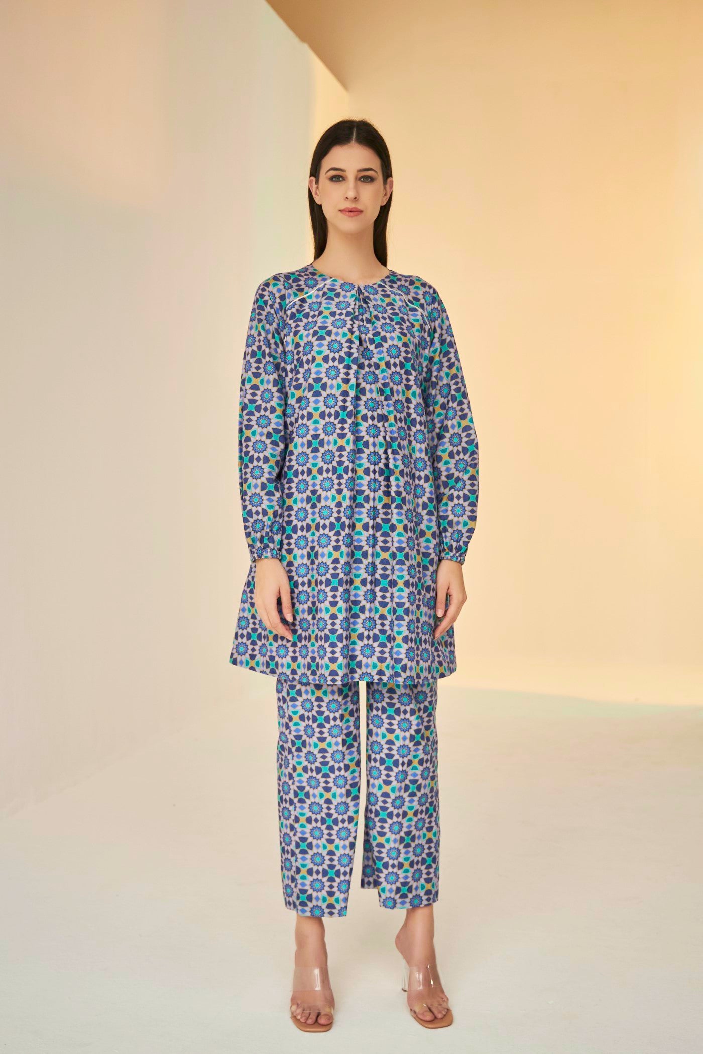 Lilac- Raglan Sleeve Kokand Print Shirt And Pants Set, BeTrue, Be True